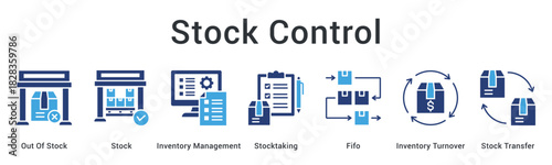 Stock control banner web icon managing shortage alerts, inventory methods, turnover ratios, and transfer operations.