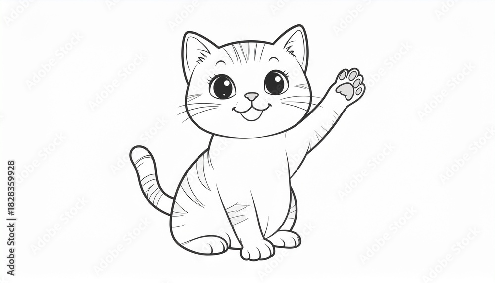 Obraz premium Basic line art of a playful cat waving its paw, black and white, bold lines.