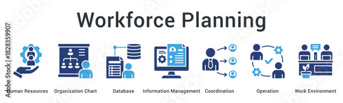 Workforce planning banner web icon organizing human resources structure with database management and operational coordination.