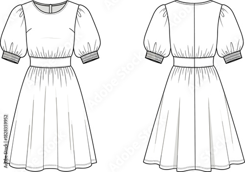 Women's puff sleeve dress technical drawing, front and back views, fashion flat sketch, apparel design, feminine, elegant, stylish, retro, modern, vector, illustration, garment, blueprint, cute.