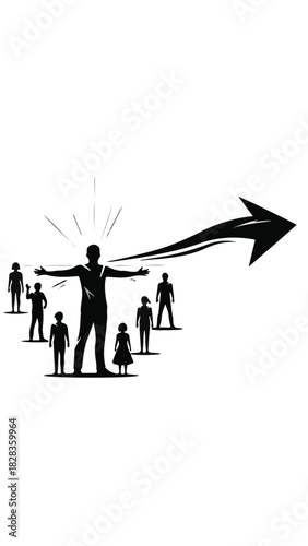 Leader inspiring a group towards a bright future with a guiding arrow.