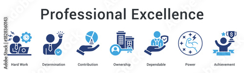 Professional excellence banner web icon showcasing hard work and determination with ownership leading to powerful achievements.