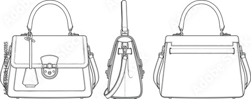 Women's top handle bag technical drawing, front, side, and back views, fashion flat sketch, accessory design, elegant, stylish, classic, modern, vector, illustration, blueprint, product, luxury.