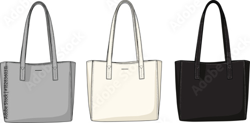 Women's tote bags set, various colors, fashion flat sketches, accessory design, elegant, stylish, classic, modern, vector, illustration, blueprint, product, leather, versatile.