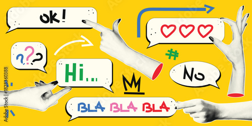 Graphic featuring hands pointing at various speech bubbles with messages like ok Hi hearts and bla bla bla against a yellow background