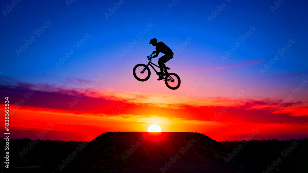 Obraz premium Silhouette of a bmx rider performing a jump against a vibrant sunset sky with red orange and blue hues showcasing extreme sports action and outdoor lifestyle photography at golden hour