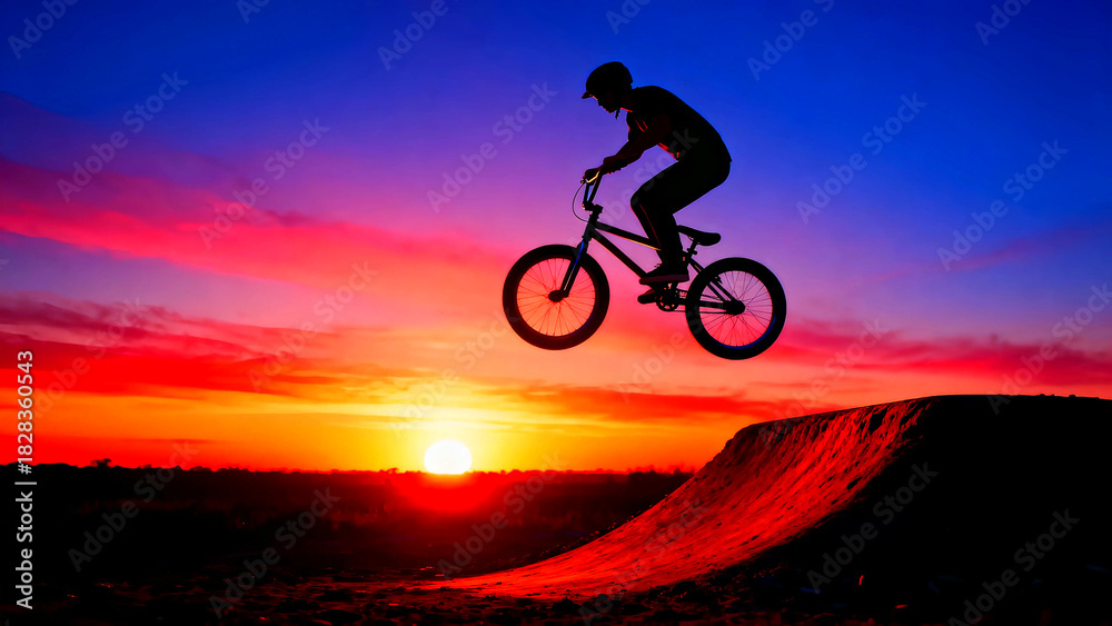 Obraz premium Silhouette of a bmx rider performing a jump at sunset with vibrant colors in the sky showcasing extreme sports and outdoor adventures against a beautiful backdrop of red and blue hues