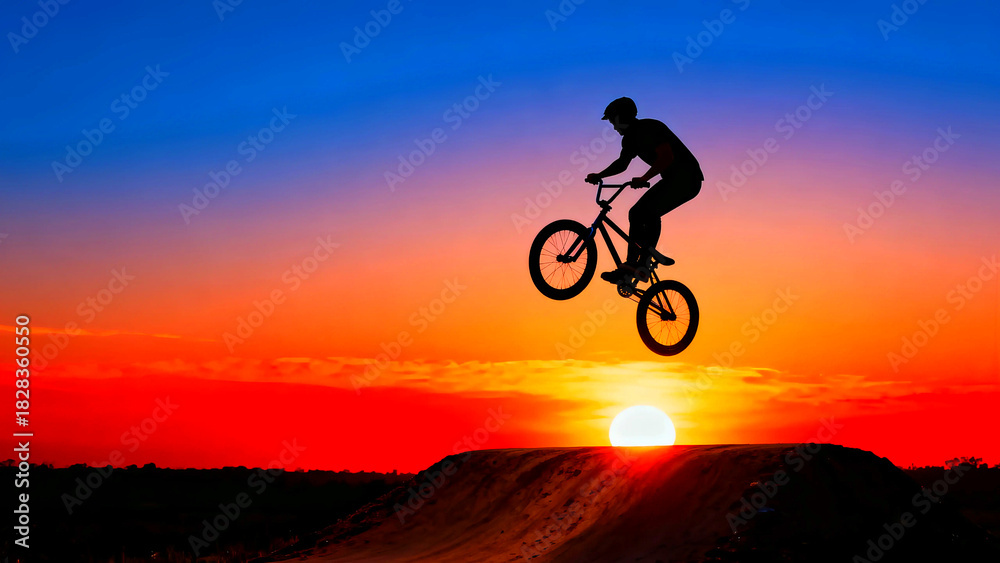Fototapeta premium Silhouette of a bmx rider performing a jump against a vibrant sunset sky with orange and blue hues showcasing extreme sports action and outdoor lifestyle at dusk with a focus on freedom and adventure