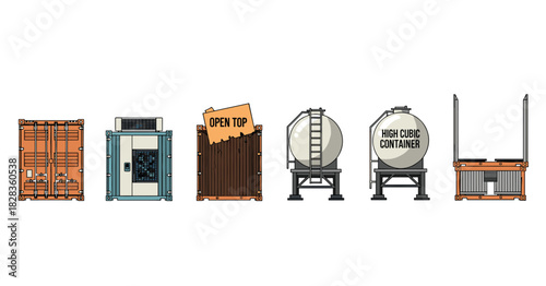 Collection of various shipping and cargo containers for logistics and transport, Generative AI.