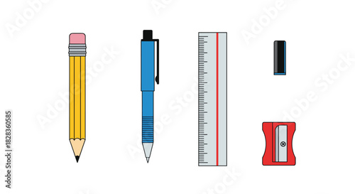 Collection of School Supplies Including Pencil Pen Ruler Sharpener and Eraser, Generative AI.
