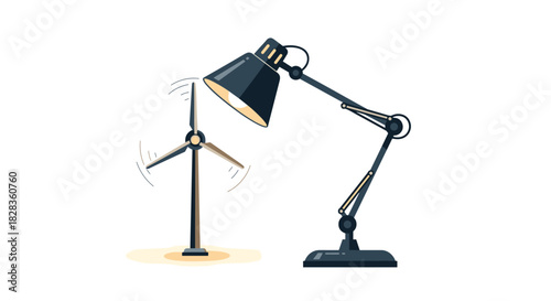 Desk lamp illuminating a wind turbine symbolizing renewable energy innovation, Generative AI.