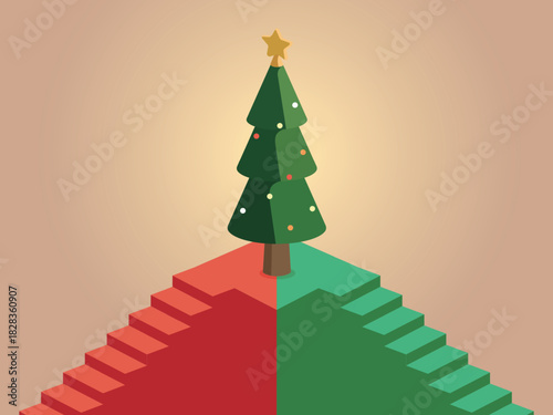 Daily A050 Minimalist Christmas Tree on Stairs shows festive atmosphere vector graphic EPS 10
