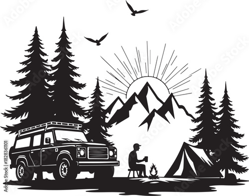 Black silhouette of camping scene with vehicle and mountains