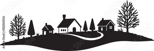 Black silhouette of houses and trees on rolling hills