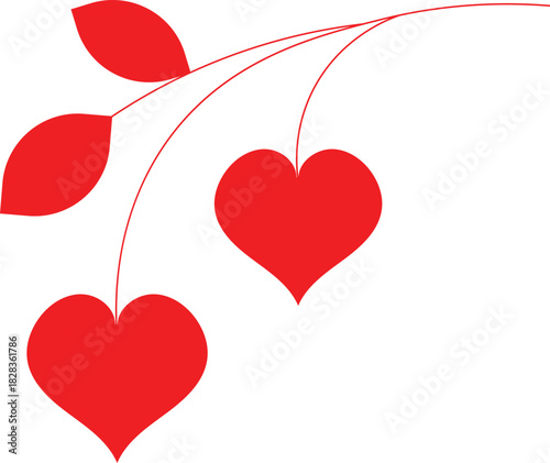 Two red hearts hanging from a stylized branch with red leaves.