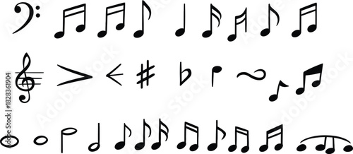 Set if hand drawn doodle music notes, signs and symbols. Handwritten crayon scribble icon set. Treble and bass clef, music sheet keys, half, whole, quarter note and rest black and white 