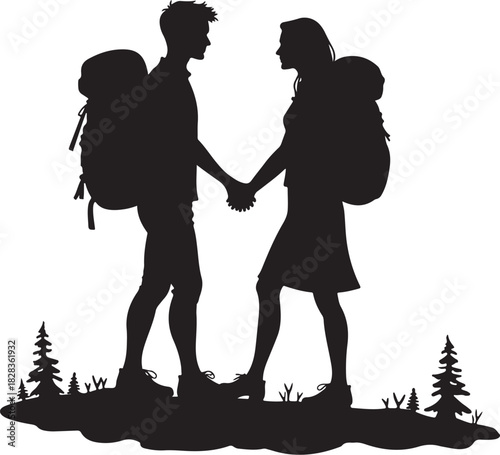 Couple holding hands with backpacks on white background