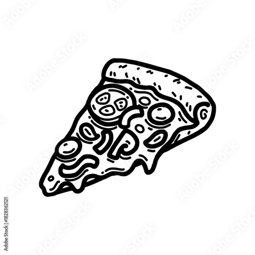 Hand drawn vector pizza outline with cheese, tomato, sauce, and pepperoni. Black and white sketch for restaurant branding, menu design, packaging, and vintage or retro food illustrations.