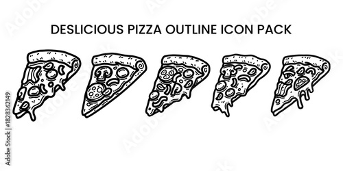 Hand drawn collection vector pizza outline with cheese, tomato, sauce, and pepperoni. Black and white sketch for restaurant branding, menu design, packaging, and vintage or retro food illustrations.