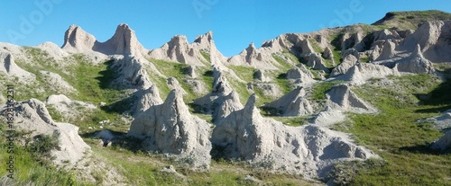 Badlands landscape with eroded rock formations and dramatic terrain