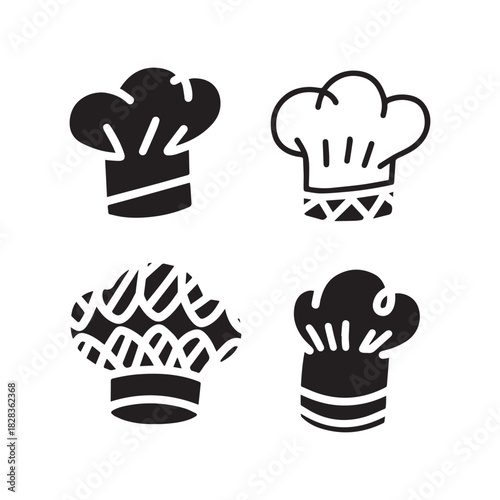 Black and White Doodle Vector Icons of Classic Professional Chef's Hats.