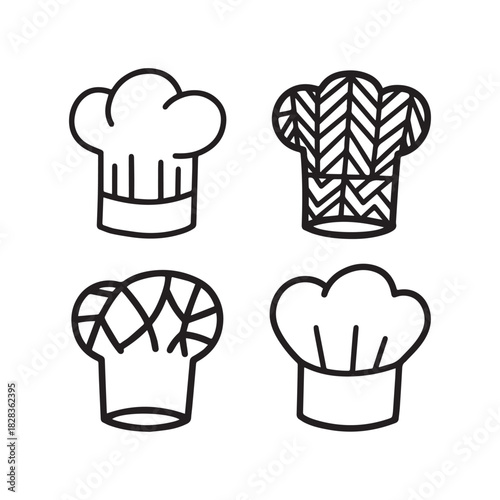 Black and White Doodle Vector Icons of Classic Professional Chef's Hats.