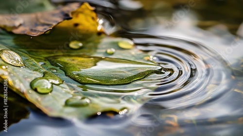 slide. Morning dew drops sliding off a leaf, creating ripples on water, macro detail. gardening catalogs, home-decor guides, designed for home decor and floral branding.