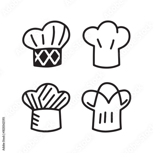 Black and White Doodle Vector Icons of Classic Professional Chef's Hats.
