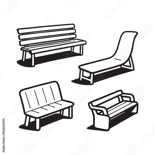  Black and White Vector Icons of Outdoor Benches and Patio Seating Furniture.