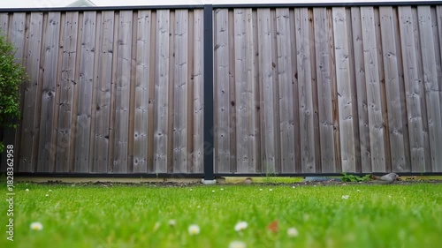 Captivating garden scene with a wooden fence backdrop and vibrant green grass expanse