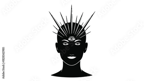 Mysterious silhouette with third eye and radiant crown, symbolizing spiritual insight and divine connection.
