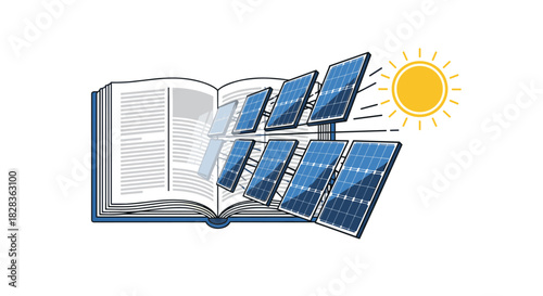 Open Book with Solar Panels and Sun Illustration, Generative AI.