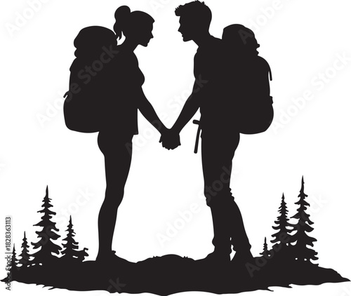 Silhouette couple holding hands with backpacks and pine trees