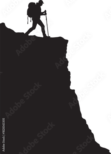 Silhouette hiker on cliff edge with backpack and trekking poles