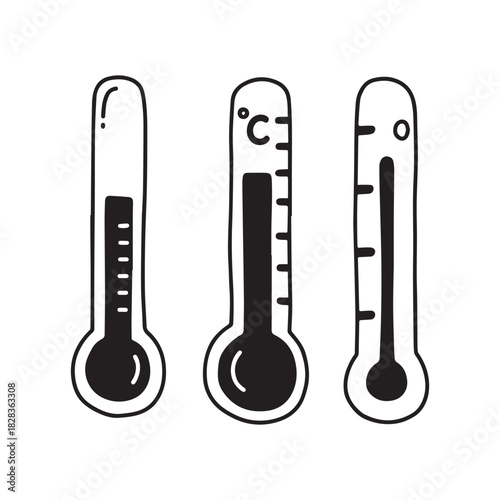 Hand-Drawn Black and White Thermometer Icons for Temperature and Weather Measurement.