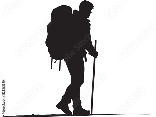 Silhouette of a hiker with a backpack and trekking pole