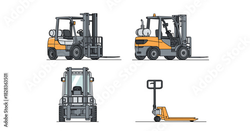 Set of Forklift Trucks and Pallet Jack Illustrations, Generative AI.