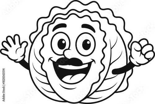 Happy cabbage cartoon character drawing line art vector illustration for coloring book for kids and healthy eating concepts