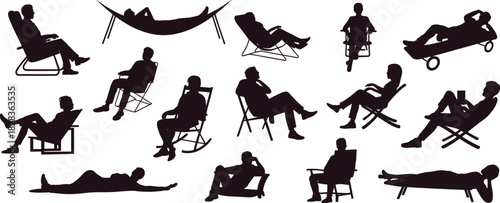 “Relaxing people silhouette collection with hammock and lounge chair poses, resting human figures, leisure lifestyle sitting and lying vector design set”