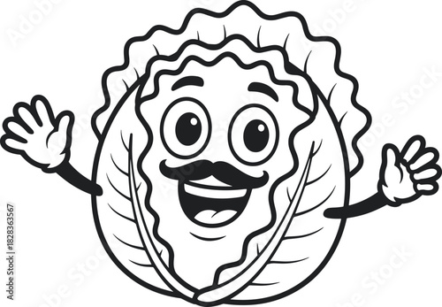 Happy cabbage cartoon character with mustache coloring book for kids funny vegetable vector illustration isolated transparent background
