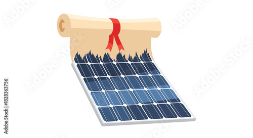 Solar Panel Unfurled Like a Scroll with Red Ribbon, Generative AI.