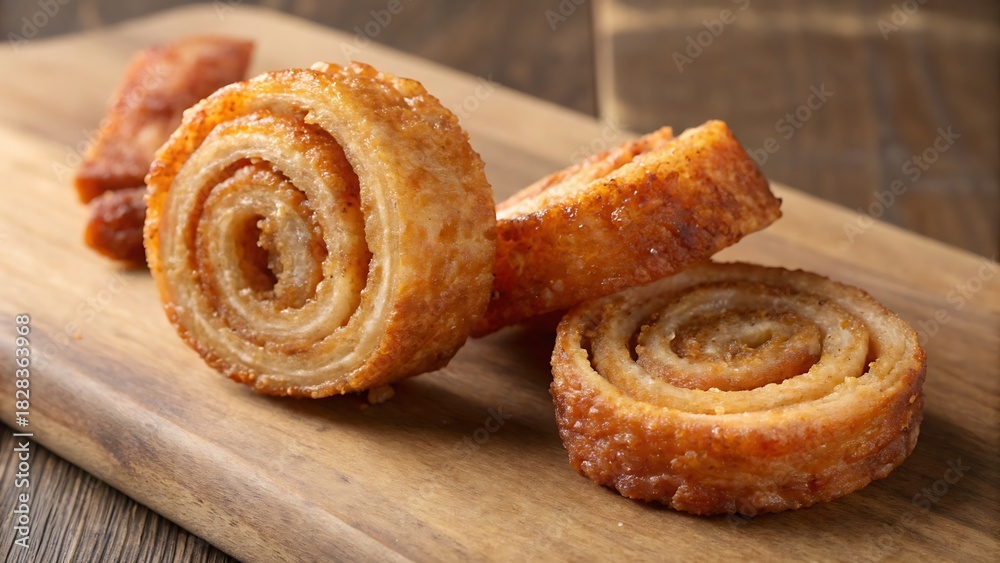Fototapeta premium Golden-brown crispy spiral pork rinds, a popular savory snack, expertly prepared and presented on a rustic wooden cutting board, ready for enjoyment at any party or gathering.