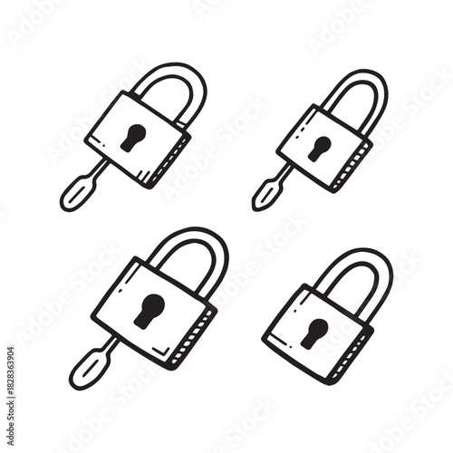 Hand-Drawn Doodle Style Black and White Padlock and Key Security Icons. 