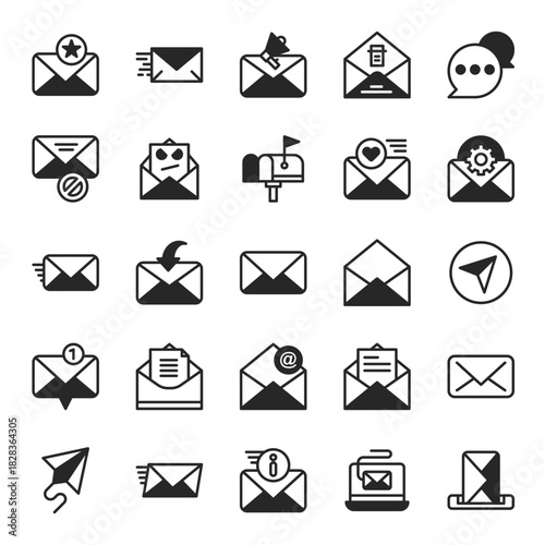 Email, Message, and Communication Solid Icon Set. Collection of Envelope, Mailbox, and Newsletter Glyph Symbols.