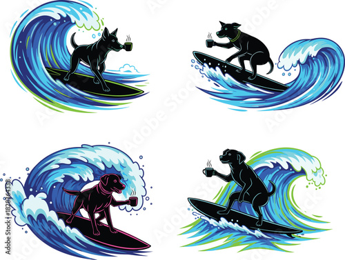 Cartoon dogs surfing ocean waves holding coffee cups, playful whimsical animal humor, surreal lifestyle illustration, vibrant beach scene, fun creative concept art