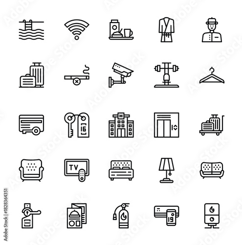 Hotel, Hospitality, and Accommodation Line Icon Set. Collection of Room Amenities, Service, and Travel Outline Symbols.