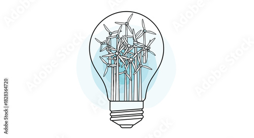 Wind Turbines Inside A Light Bulb Representing Green Energy Ideas, Generative AI.