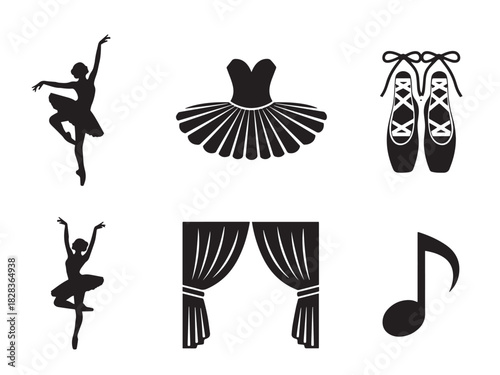 Bold Ballet Icons. Ballet Dance silhouette icon set: ballerina, tutu skirt, pointe shoes, graceful pose, stage curtain, classical music note.