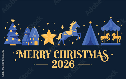 Blue and yellow carousel horse Christmas trees and houses