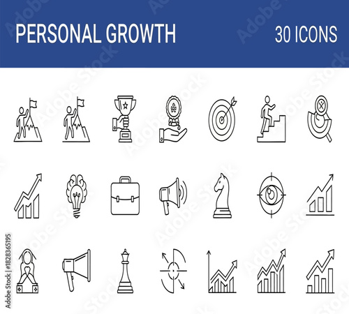 Illustration of personal growth and development icons for success, strategy, and achievement, isolated on white background